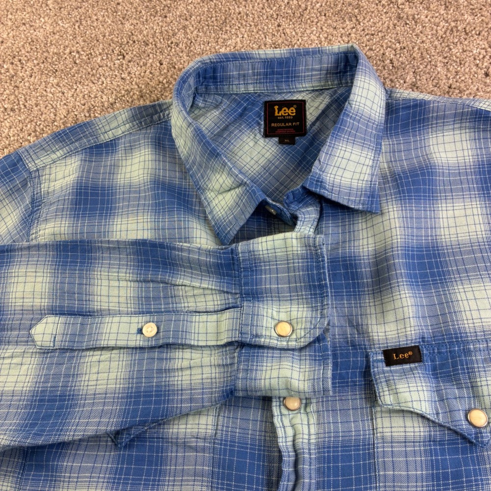 Lee Regular Fit Plaid Long Sleeve Pearl Snap Front‎ Shirt Mens XL Blue Vintage